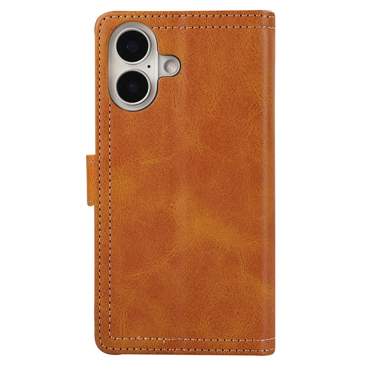 For iPhone 16 Plus Case Split Leather Magnetic Wallet Phone Protector with Wrist Strap - Brown