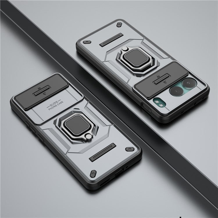 For OnePlus Nord 4 Case PC+TPU Kickstand Phone Protector with Lens Cover - Grey