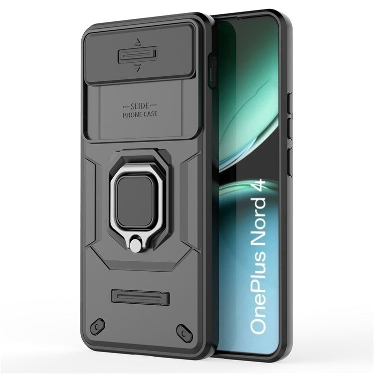 For OnePlus Nord 4 Case PC+TPU Kickstand Phone Protector with Lens Cover - Black