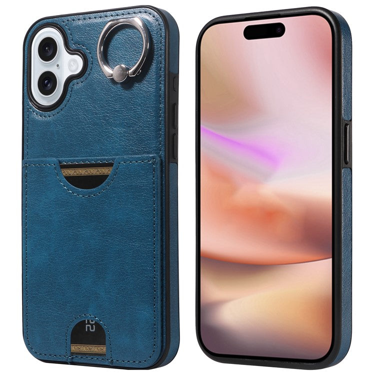 006 For iPhone 16 Plus Case Anti-Drop Leather + TPU Phone Cover Card Slot Ring Kickstand - Blue