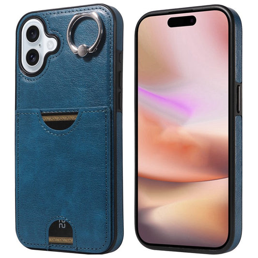 006 For iPhone 16 Plus Case Anti-Drop Leather + TPU Phone Cover Card Slot Ring Kickstand - Blue