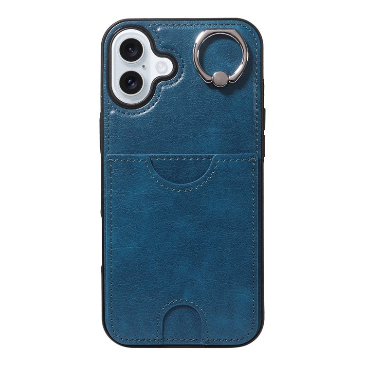 006 For iPhone 16 Plus Case Anti-Drop Leather + TPU Phone Cover Card Slot Ring Kickstand - Blue