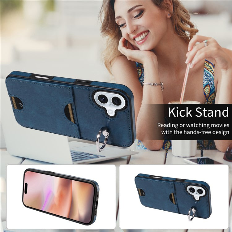 006 For iPhone 16 Plus Case Anti-Drop Leather + TPU Phone Cover Card Slot Ring Kickstand - Blue
