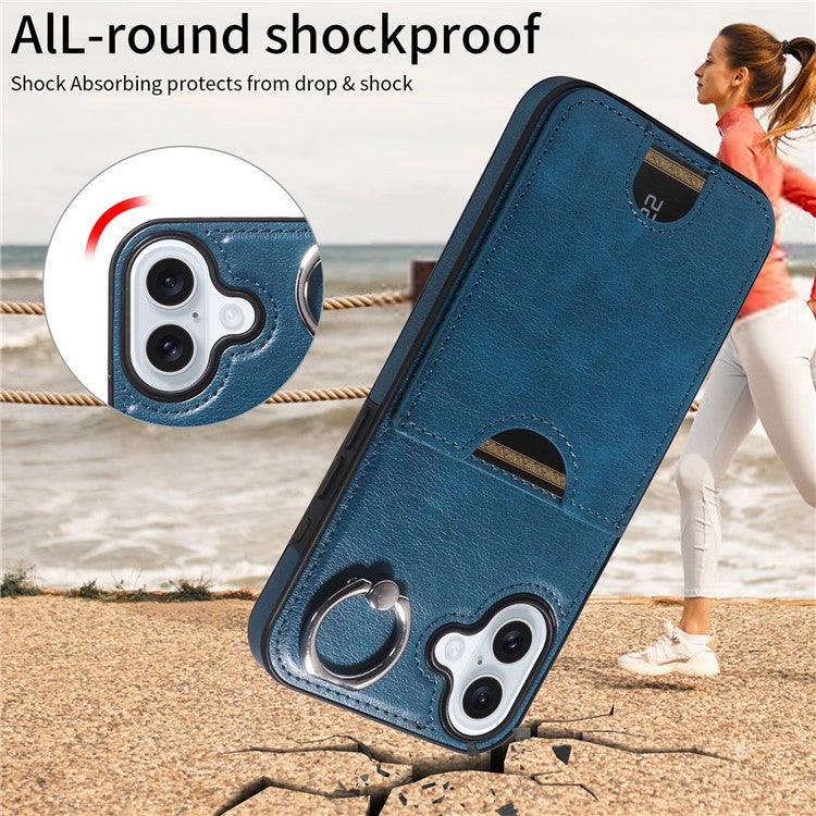 006 For iPhone 16 Plus Case Anti-Drop Leather + TPU Phone Cover Card Slot Ring Kickstand - Blue