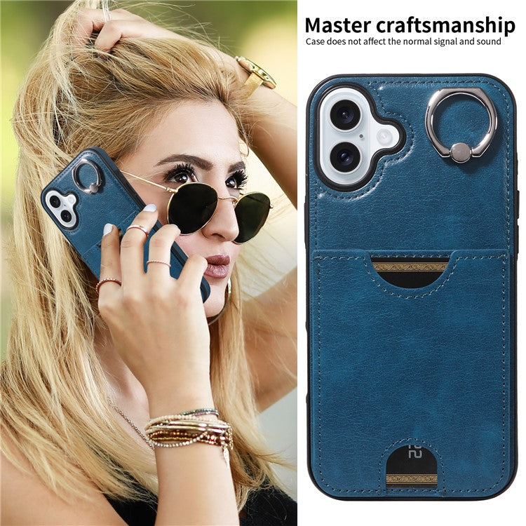 006 For iPhone 16 Plus Case Anti-Drop Leather + TPU Phone Cover Card Slot Ring Kickstand - Blue