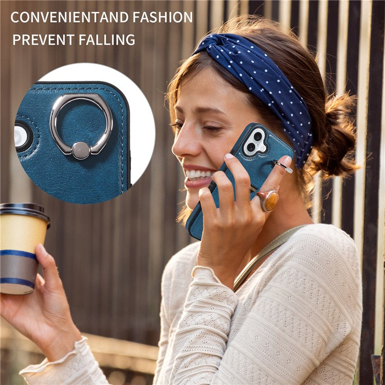 006 For iPhone 16 Plus Case Anti-Drop Leather + TPU Phone Cover Card Slot Ring Kickstand - Blue