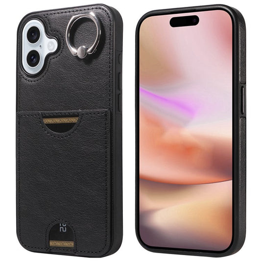 006 For iPhone 16 Plus Case Anti-Drop Leather + TPU Phone Cover Card Slot Ring Kickstand - Black