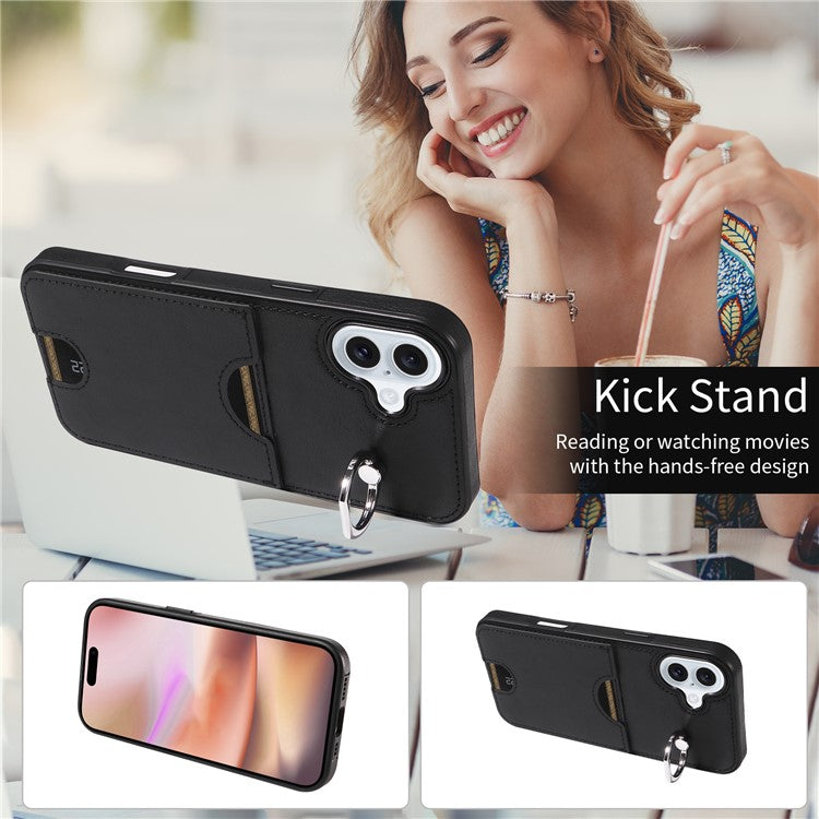 006 For iPhone 16 Plus Case Anti-Drop Leather + TPU Phone Cover Card Slot Ring Kickstand - Black