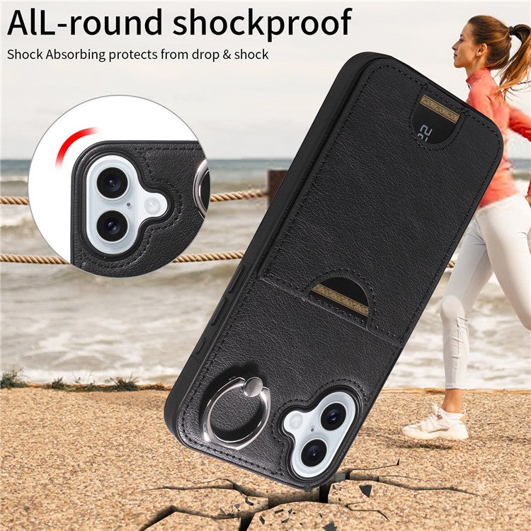 006 For iPhone 16 Plus Case Anti-Drop Leather + TPU Phone Cover Card Slot Ring Kickstand - Black