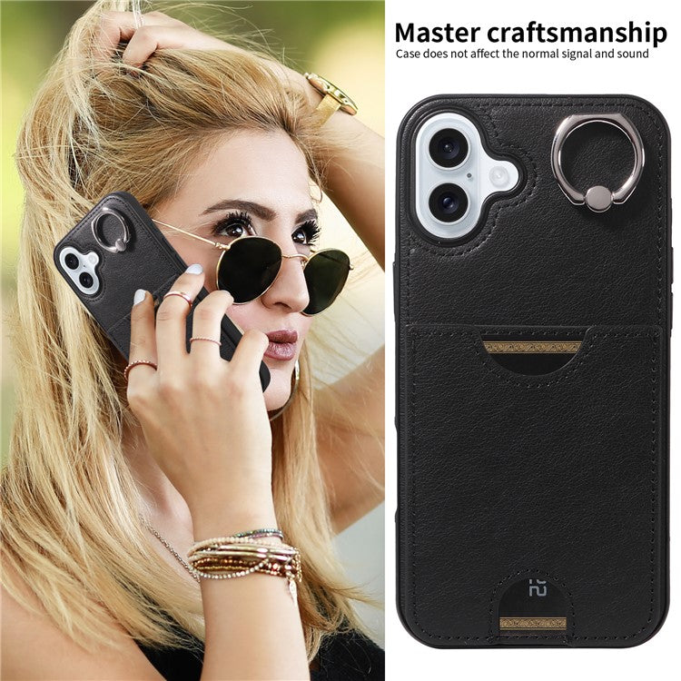 006 For iPhone 16 Plus Case Anti-Drop Leather + TPU Phone Cover Card Slot Ring Kickstand - Black