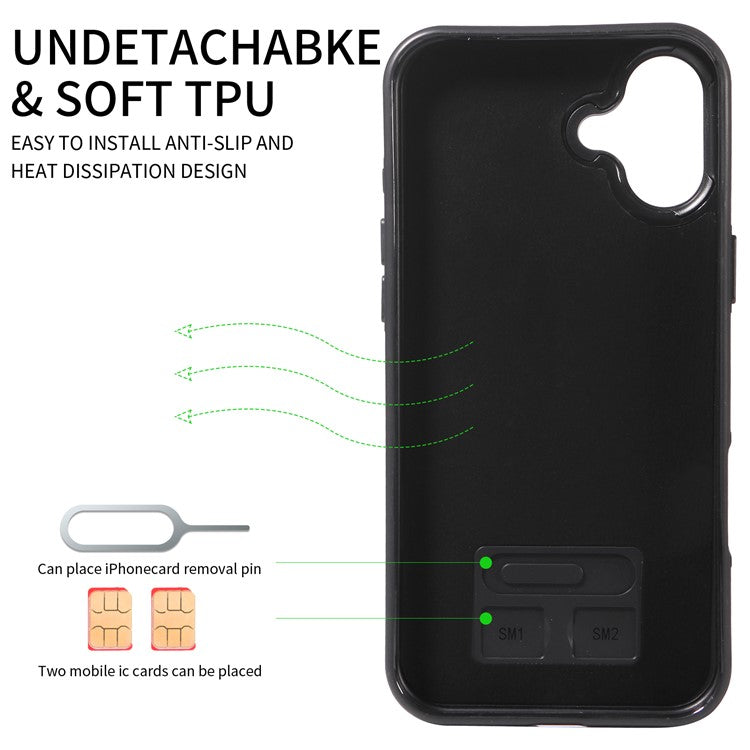 006 For iPhone 16 Plus Case Anti-Drop Leather + TPU Phone Cover Card Slot Ring Kickstand - Black