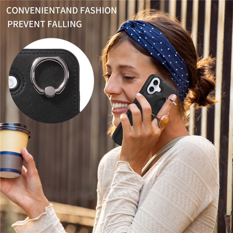 006 For iPhone 16 Plus Case Anti-Drop Leather + TPU Phone Cover Card Slot Ring Kickstand - Black