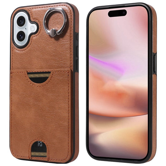 006 For iPhone 16 Plus Case Anti-Drop Leather + TPU Phone Cover Card Slot Ring Kickstand - Brown