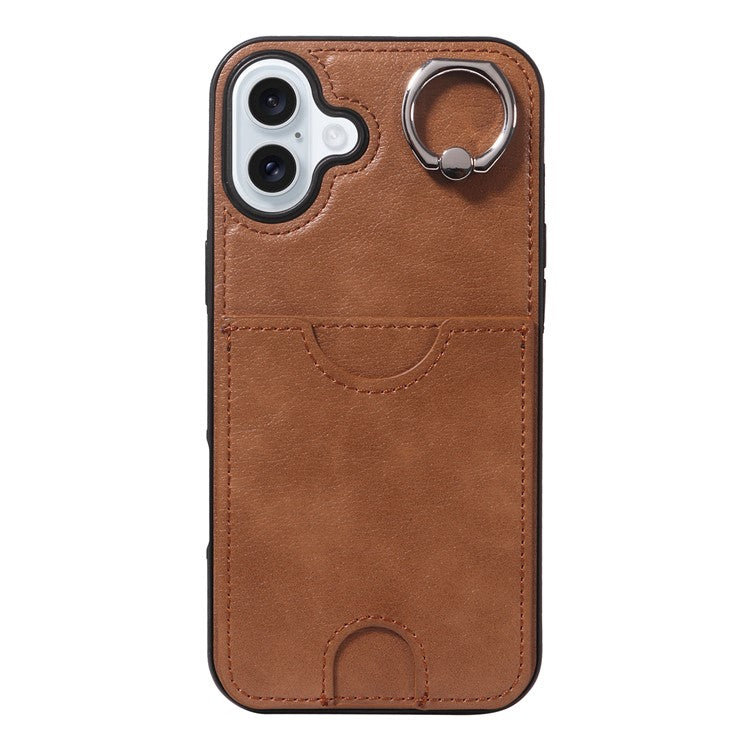 006 For iPhone 16 Plus Case Anti-Drop Leather + TPU Phone Cover Card Slot Ring Kickstand - Brown