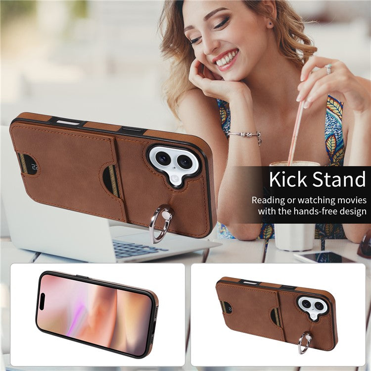 006 For iPhone 16 Plus Case Anti-Drop Leather + TPU Phone Cover Card Slot Ring Kickstand - Brown