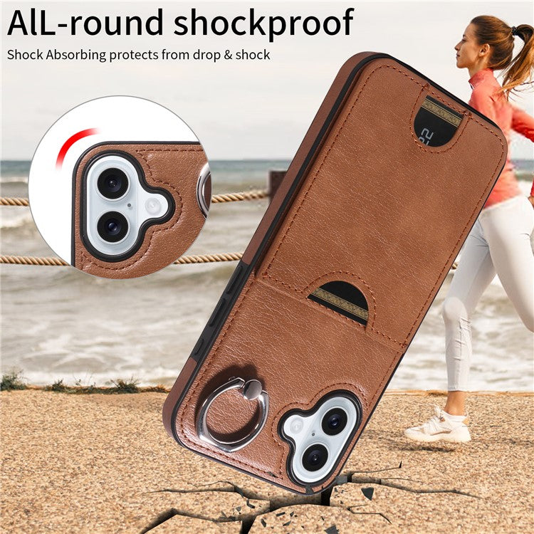 006 For iPhone 16 Plus Case Anti-Drop Leather + TPU Phone Cover Card Slot Ring Kickstand - Brown