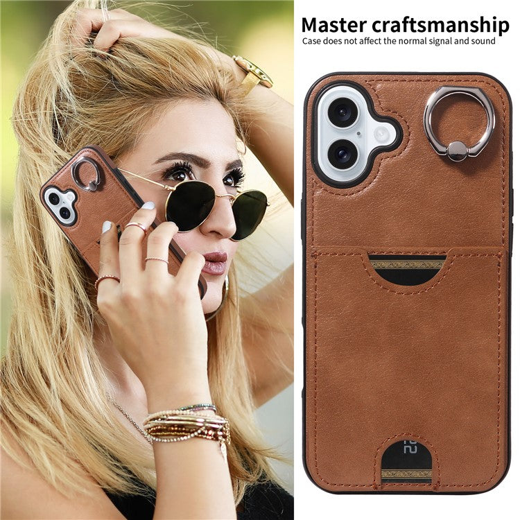006 For iPhone 16 Plus Case Anti-Drop Leather + TPU Phone Cover Card Slot Ring Kickstand - Brown