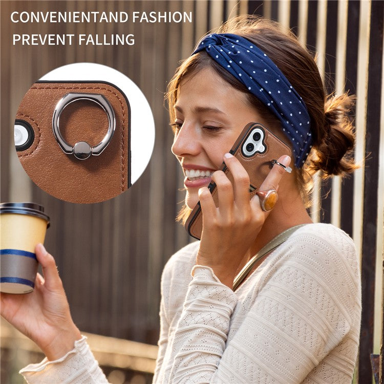 006 For iPhone 16 Plus Case Anti-Drop Leather + TPU Phone Cover Card Slot Ring Kickstand - Brown