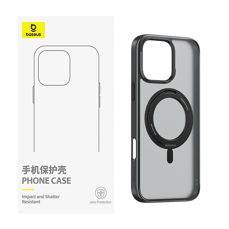 BASEUS Smart Ring Series For iPhone 16 Pro Compatible with MagSafe Phone Case TPU+PC Kickstand Cover - Black