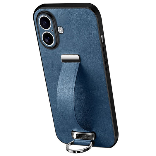 SULADA Fashion Series for iPhone 16 Plus Case Wristband Kickstand Leather Back Phone Cover - Blue