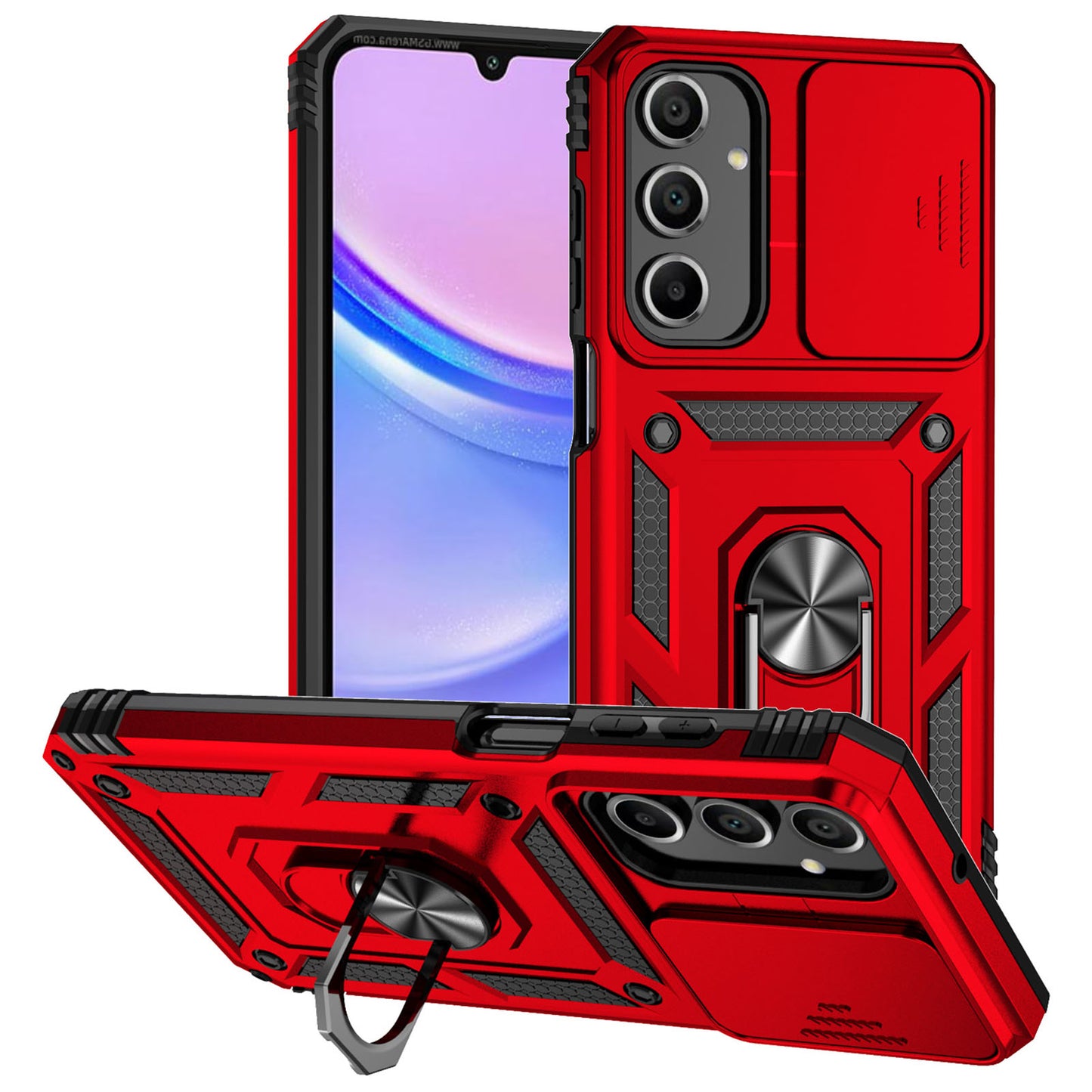 For Samsung Galaxy A16 5G / A16 4G Case PC + TPU Phone Cover Lens Ultimate Protection Kickstand - Red