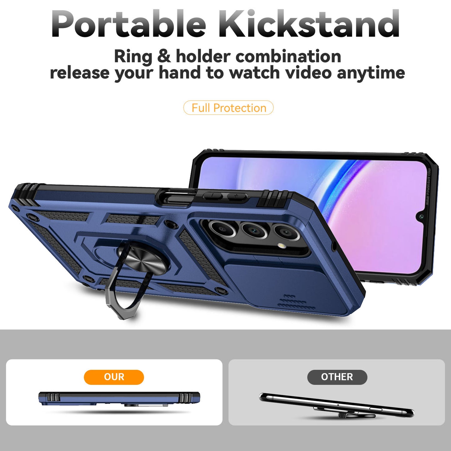 For Samsung Galaxy A16 5G / A16 4G Case PC + TPU Phone Cover Lens Ultimate Protection Kickstand - Blue