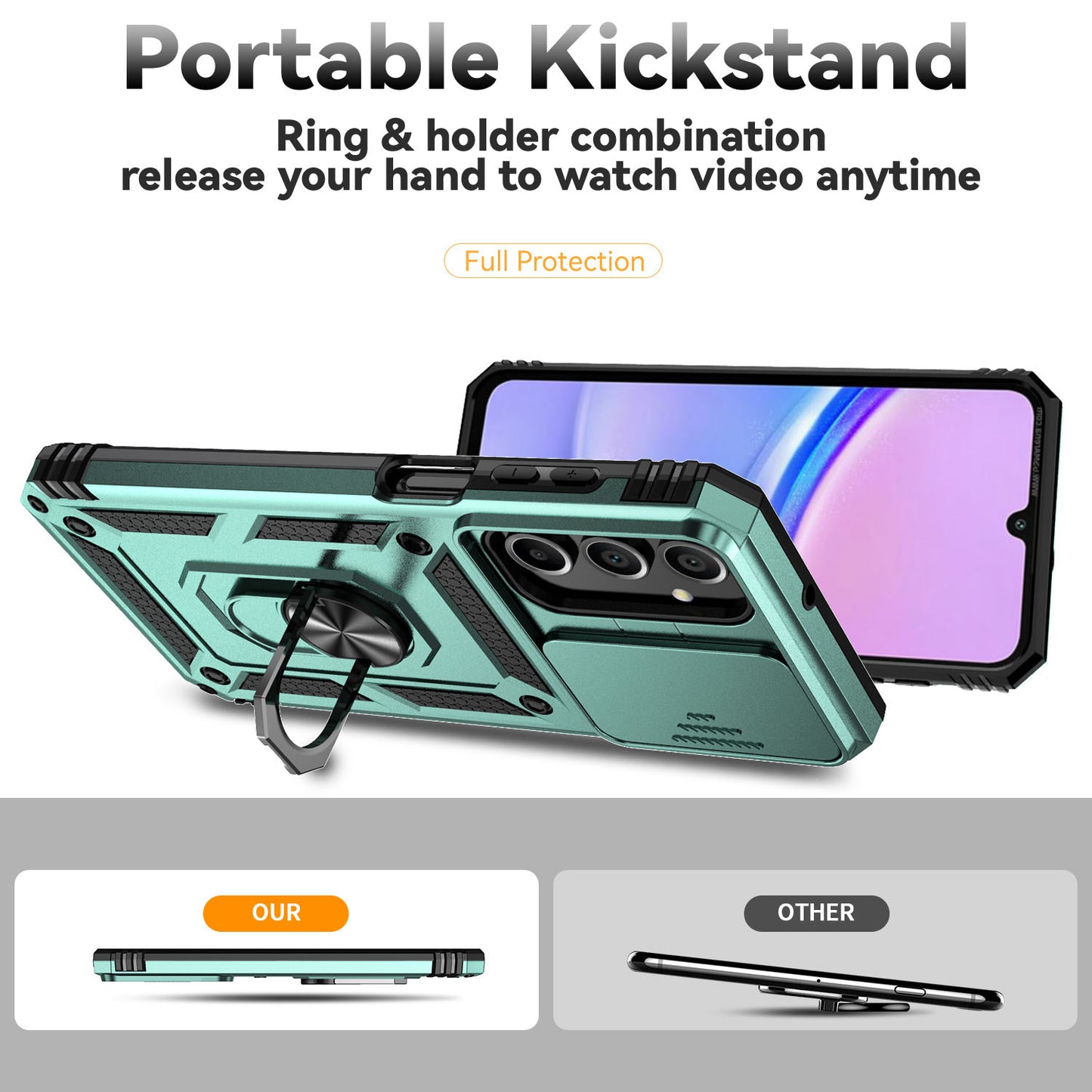 For Samsung Galaxy A16 5G / A16 4G Case PC + TPU Phone Cover Lens Ultimate Protection Kickstand - Blackish Green