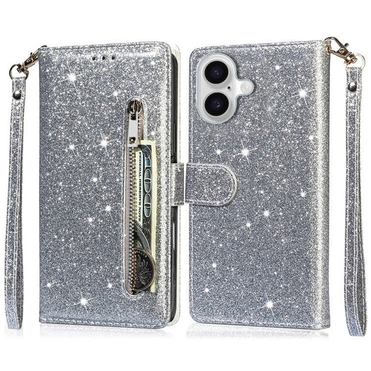 For iPhone 16 Plus Stand Case Glitter Phone Leather Cover Zipper Pocket - Silver