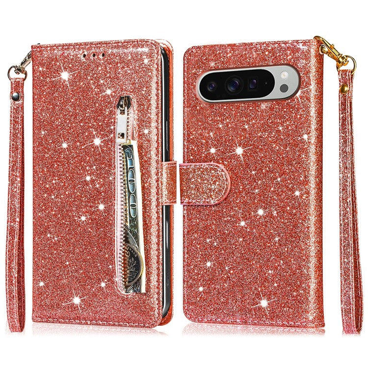 For Google Pixel 9 Pro  /  Pixel 9 Stand Case Glitter Phone Leather Cover Zipper Pocket - Rose Gold