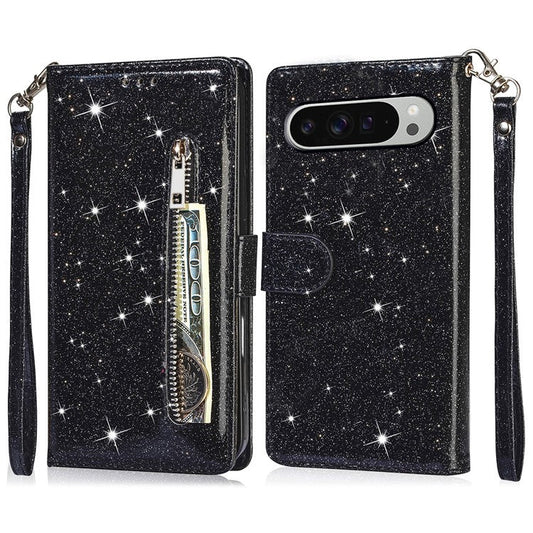 For Google Pixel 9 Pro  /  Pixel 9 Stand Case Glitter Phone Leather Cover Zipper Pocket - Black