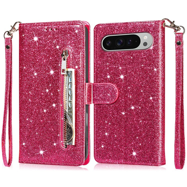For Google Pixel 9 Pro  /  Pixel 9 Stand Case Glitter Phone Leather Cover Zipper Pocket - Rose