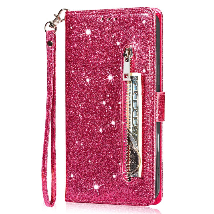 For Google Pixel 9 Pro  /  Pixel 9 Stand Case Glitter Phone Leather Cover Zipper Pocket - Rose