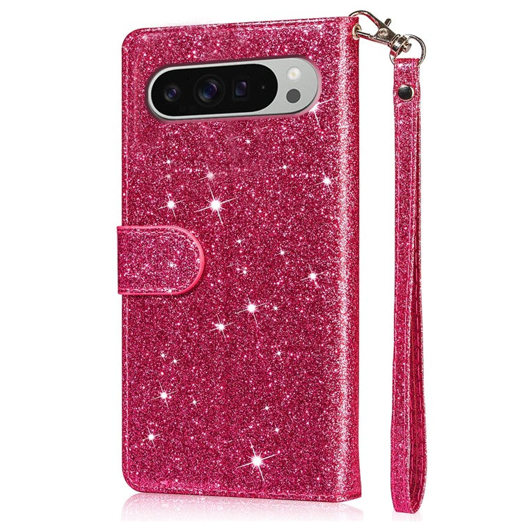 For Google Pixel 9 Pro  /  Pixel 9 Stand Case Glitter Phone Leather Cover Zipper Pocket - Rose