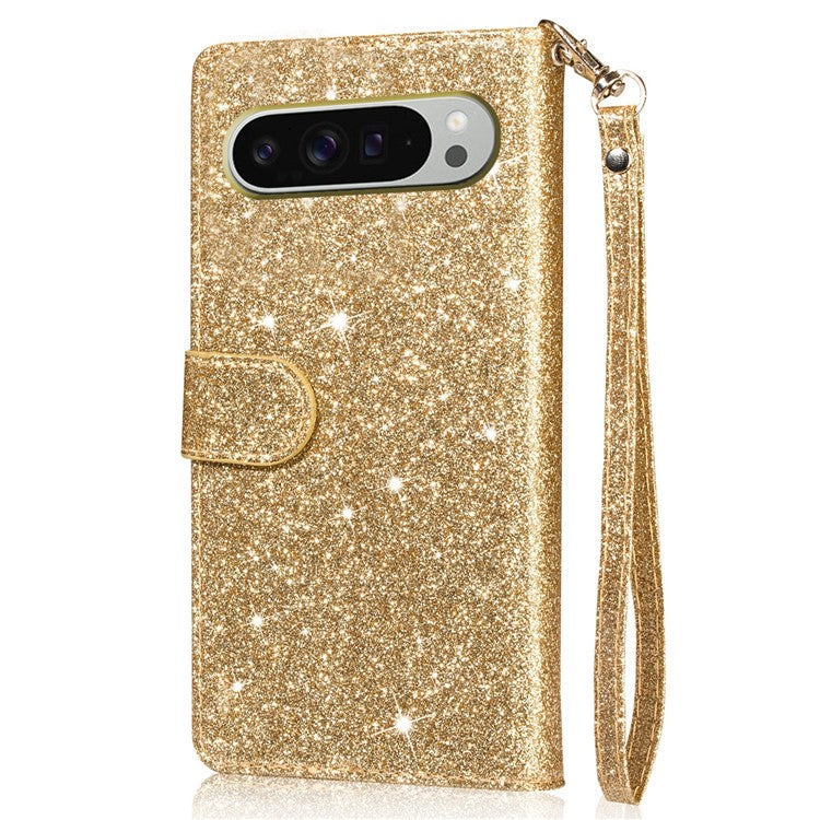 For Google Pixel 9 Pro  /  Pixel 9 Stand Case Glitter Phone Leather Cover Zipper Pocket - Gold