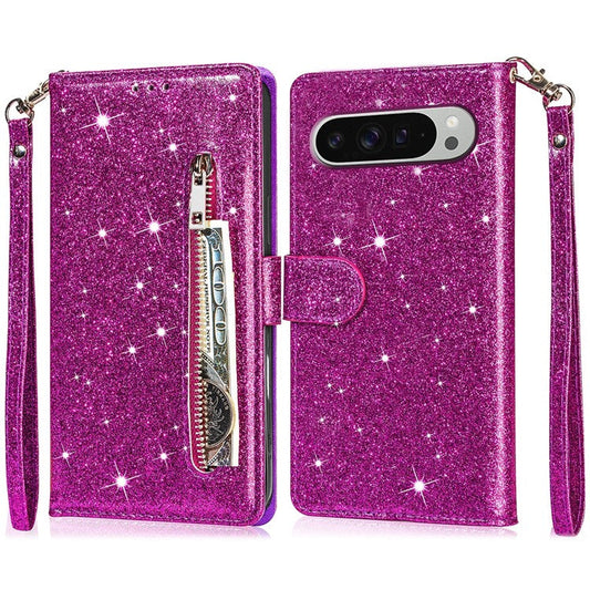 For Google Pixel 9 Pro  /  Pixel 9 Stand Case Glitter Phone Leather Cover Zipper Pocket - Purple
