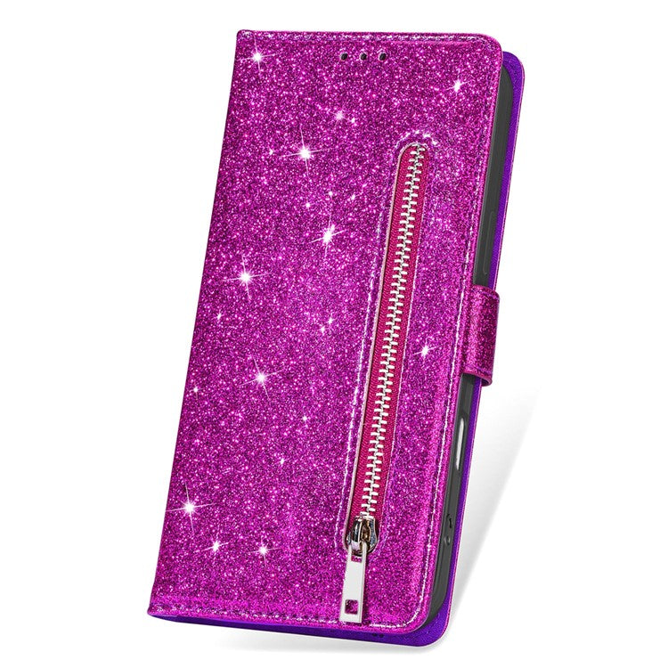 For Google Pixel 9 Pro  /  Pixel 9 Stand Case Glitter Phone Leather Cover Zipper Pocket - Purple