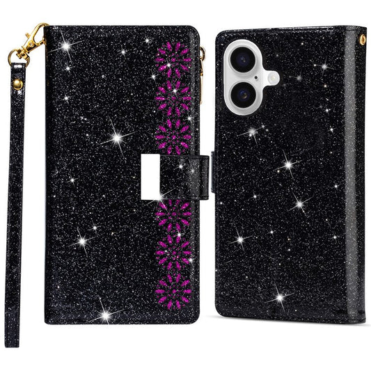 For iPhone 16 Plus Case Starry Sky Carving Leather Wallet Phone Cover - Black