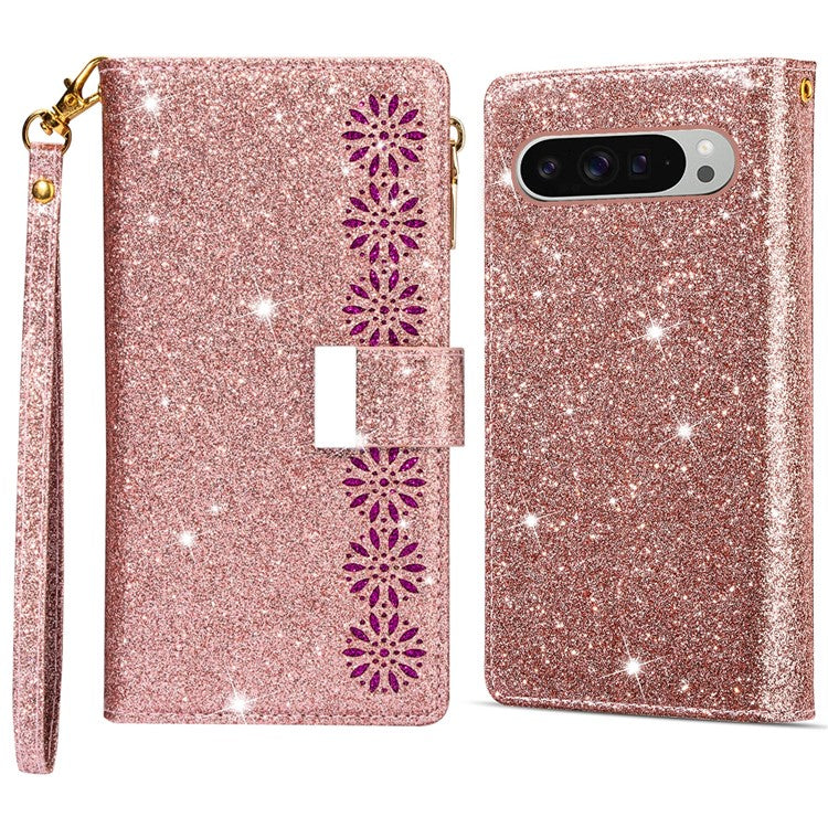 For Google Pixel 9 Pro  /  Pixel 9 Case Starry Sky Carving Leather Wallet Phone Cover - Rose Gold
