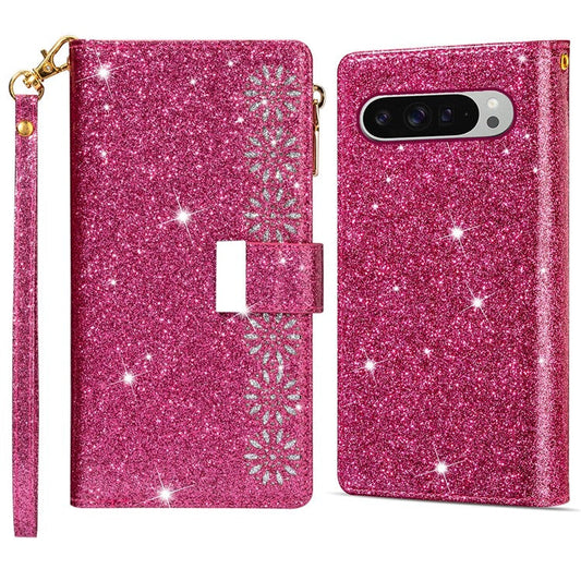 For Google Pixel 9 Pro  /  Pixel 9 Case Starry Sky Carving Leather Wallet Phone Cover - Rose