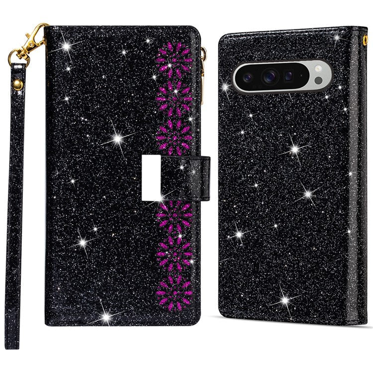 For Google Pixel 9 Pro  /  Pixel 9 Case Starry Sky Carving Leather Wallet Phone Cover - Black