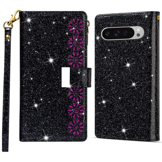 For Google Pixel 9 Pro  /  Pixel 9 Case Starry Sky Carving Leather Wallet Phone Cover - Black