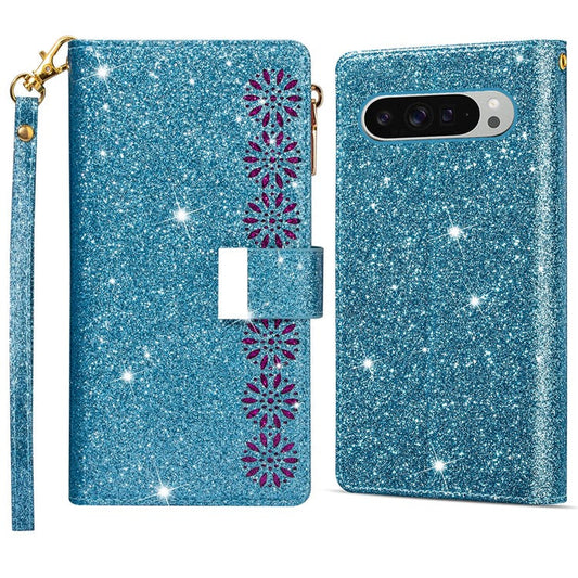 For Google Pixel 9 Pro XL Case Starry Sky Carving Leather Wallet Phone Cover - Blue