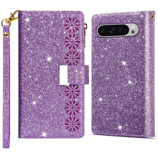 For Google Pixel 9 Pro XL Case Starry Sky Carving Leather Wallet Phone Cover - Purple