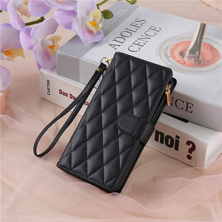 For Google Pixel 9 Pro XL Case Rhombus Stitching Leather Wallet Phone Cover with Long  /  Short Strap - Black