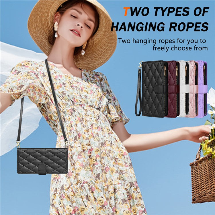 For Google Pixel 9 Pro XL Case Rhombus Stitching Leather Wallet Phone Cover with Long  /  Short Strap - Black