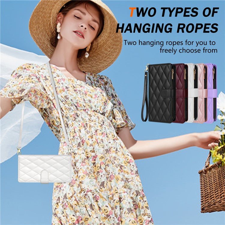 For Google Pixel 9 Pro XL Case Rhombus Stitching Leather Wallet Phone Cover with Long  /  Short Strap - White