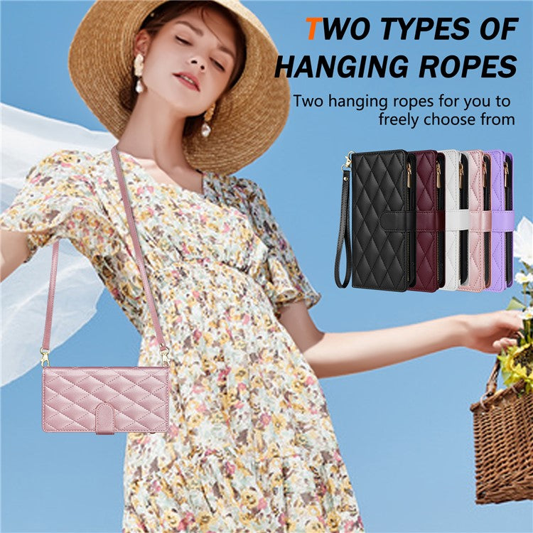 For Google Pixel 9 Pro XL Case Rhombus Stitching Leather Wallet Phone Cover with Long  /  Short Strap - Rose Gold