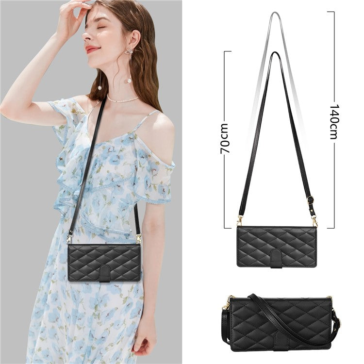 For iPhone 16 Case Rhombus Stitching Leather Wallet Phone Cover with Long  /  Short Strap - Black
