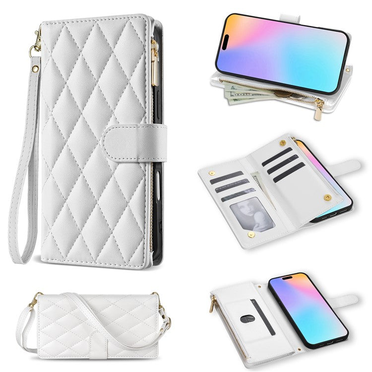 For iPhone 16 Case Rhombus Stitching Leather Wallet Phone Cover with Long  /  Short Strap - White
