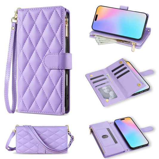 For iPhone 16 Plus Case Rhombus Stitching Leather Wallet Phone Cover with Long  /  Short Strap - Light Purple